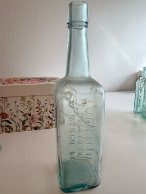 Antique Embossed Aqua Glass Bottle - Salad Oil